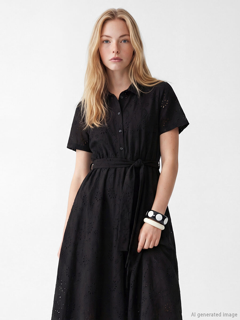 Siyah Belden Oturtmalı Gömlek Elbise-1