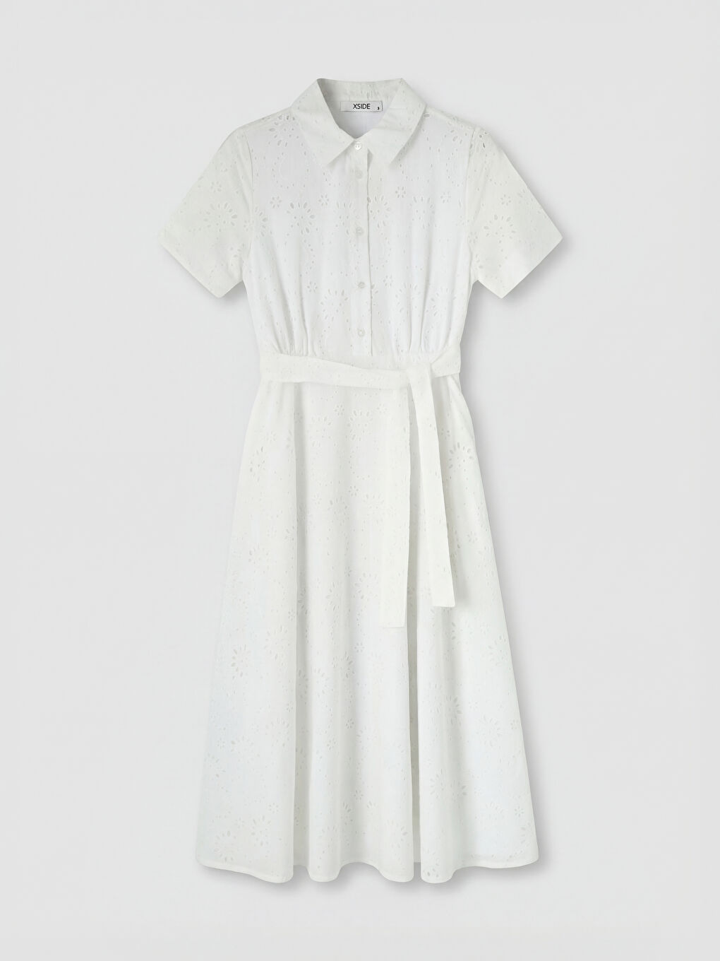 Beyaz Gömlek Yaka Ajurlu Elbise