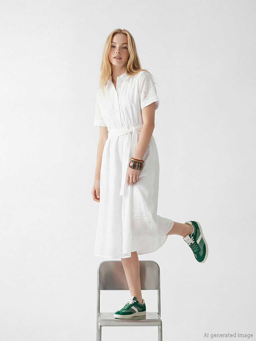 Beyaz Ajurlu Belden Oturtmalı Gömlek Elbise