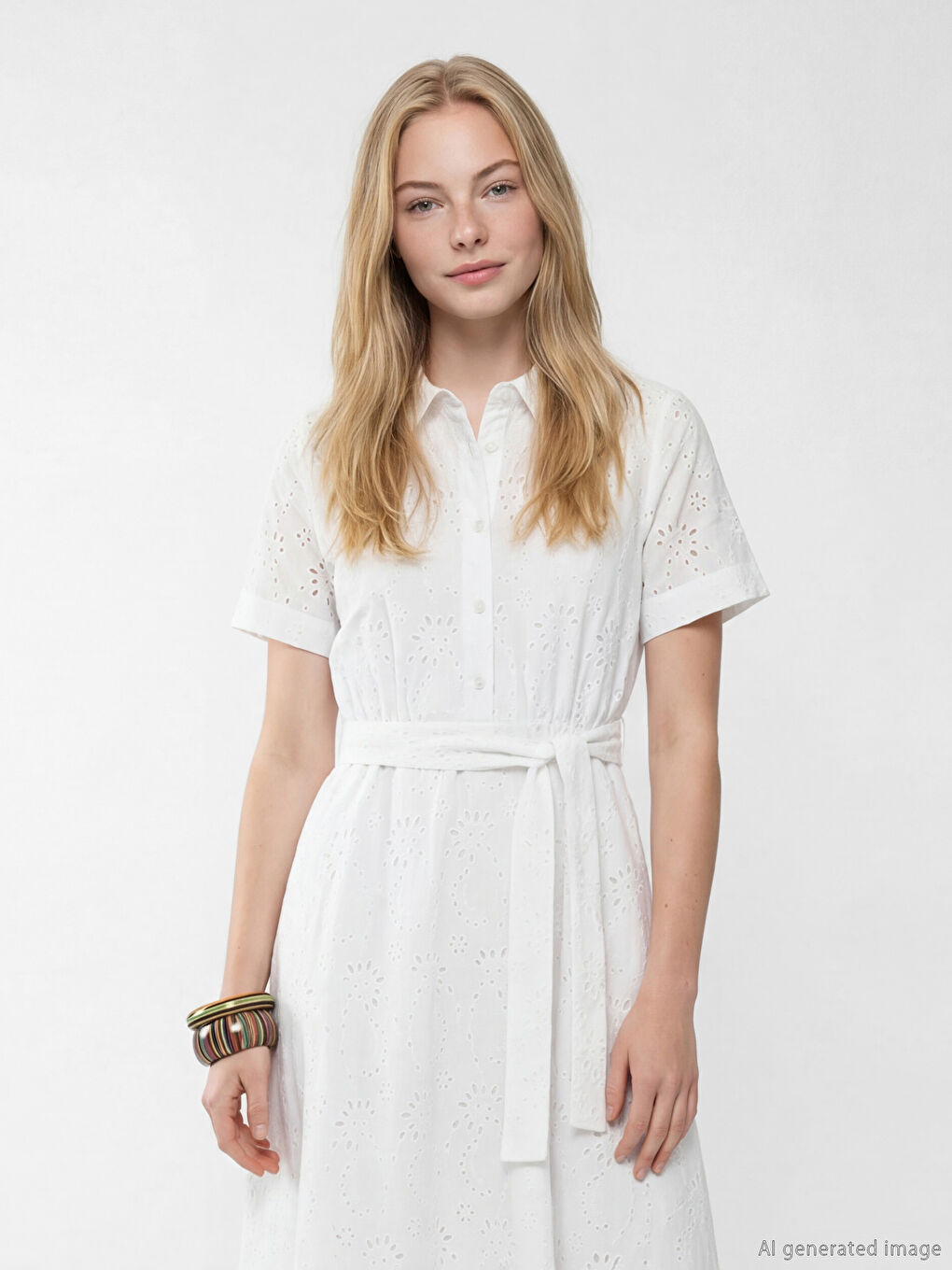 Beyaz Ajurlu Belden Oturtmalı Gömlek Elbise-1