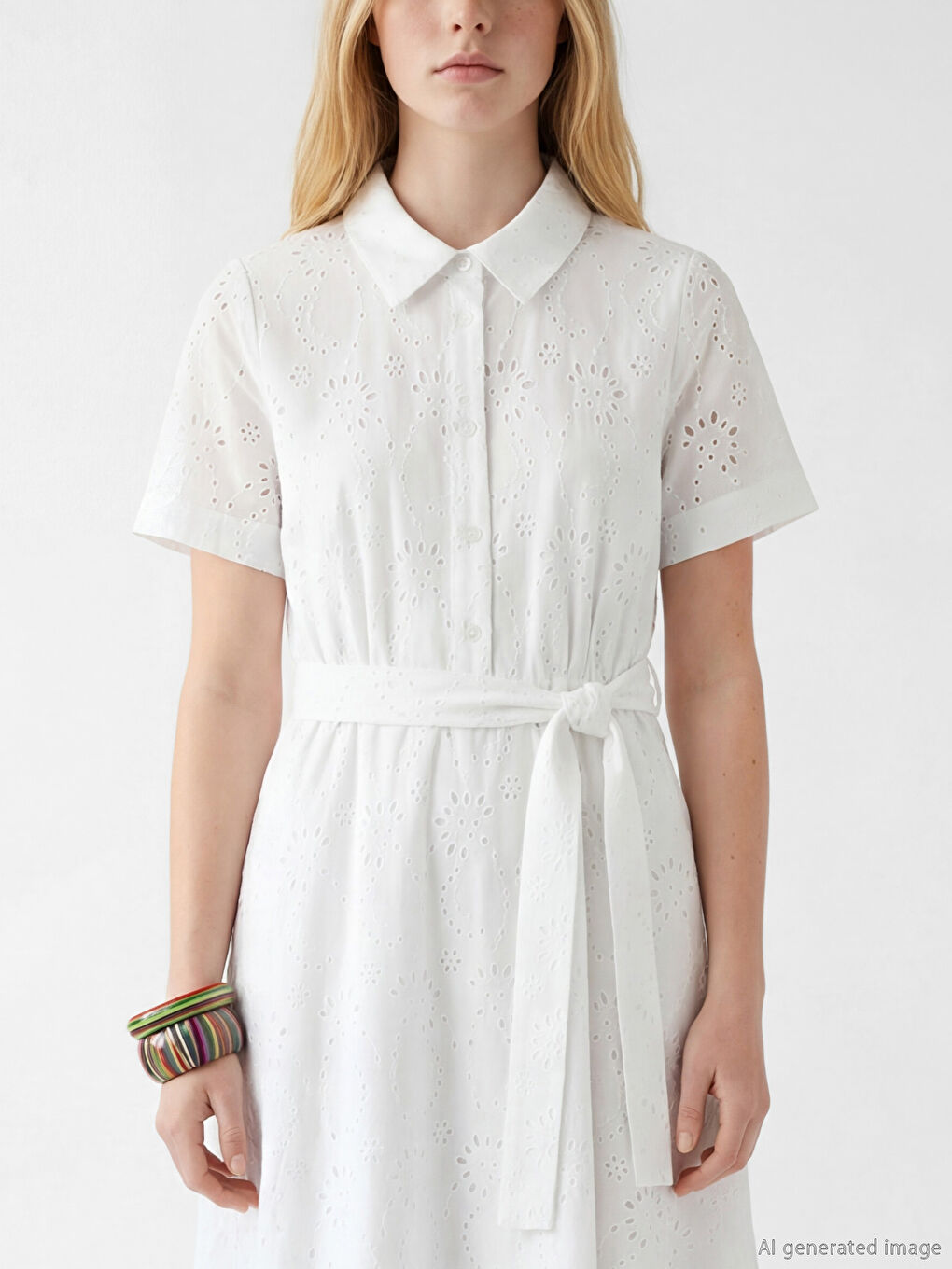 Beyaz Ajurlu Belden Oturtmalı Gömlek Elbise-2