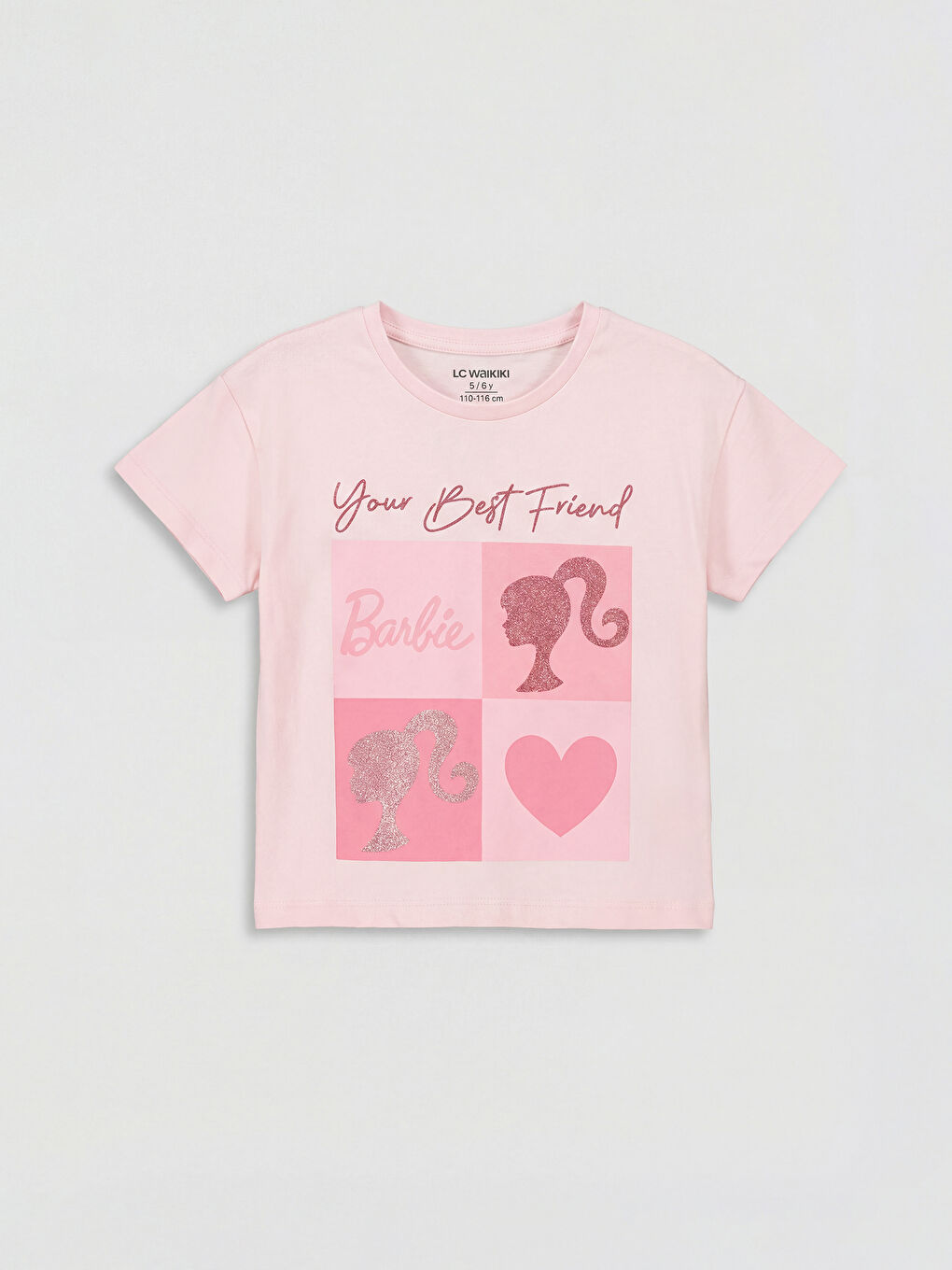 Pembe Bisiklet Yaka Barbie Baskılı Kız Çocuk Tişört