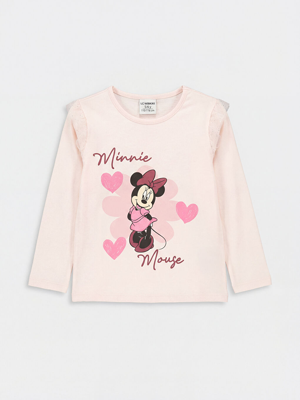 Pembe Bisiklet Yaka Minnie Mouse Baskılı Kız Çocuk Tişört-2