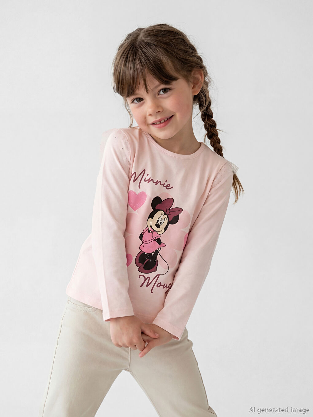 Pembe Bisiklet Yaka Minnie Mouse Baskılı Kız Çocuk Tişört