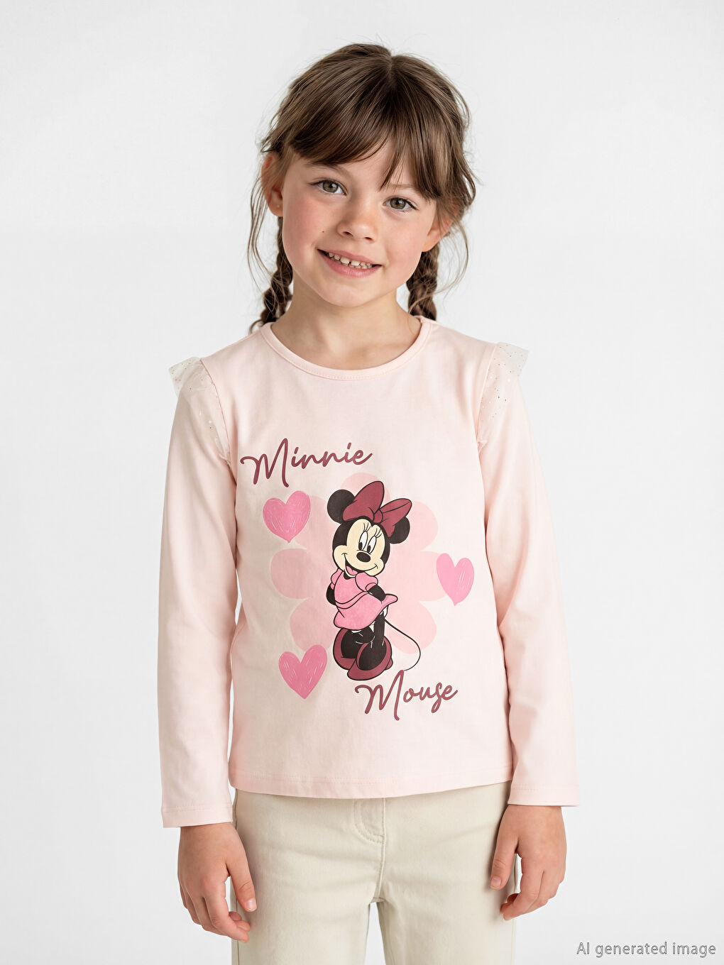 Pembe Bisiklet Yaka Minnie Mouse Baskılı Kız Çocuk Tişört-1