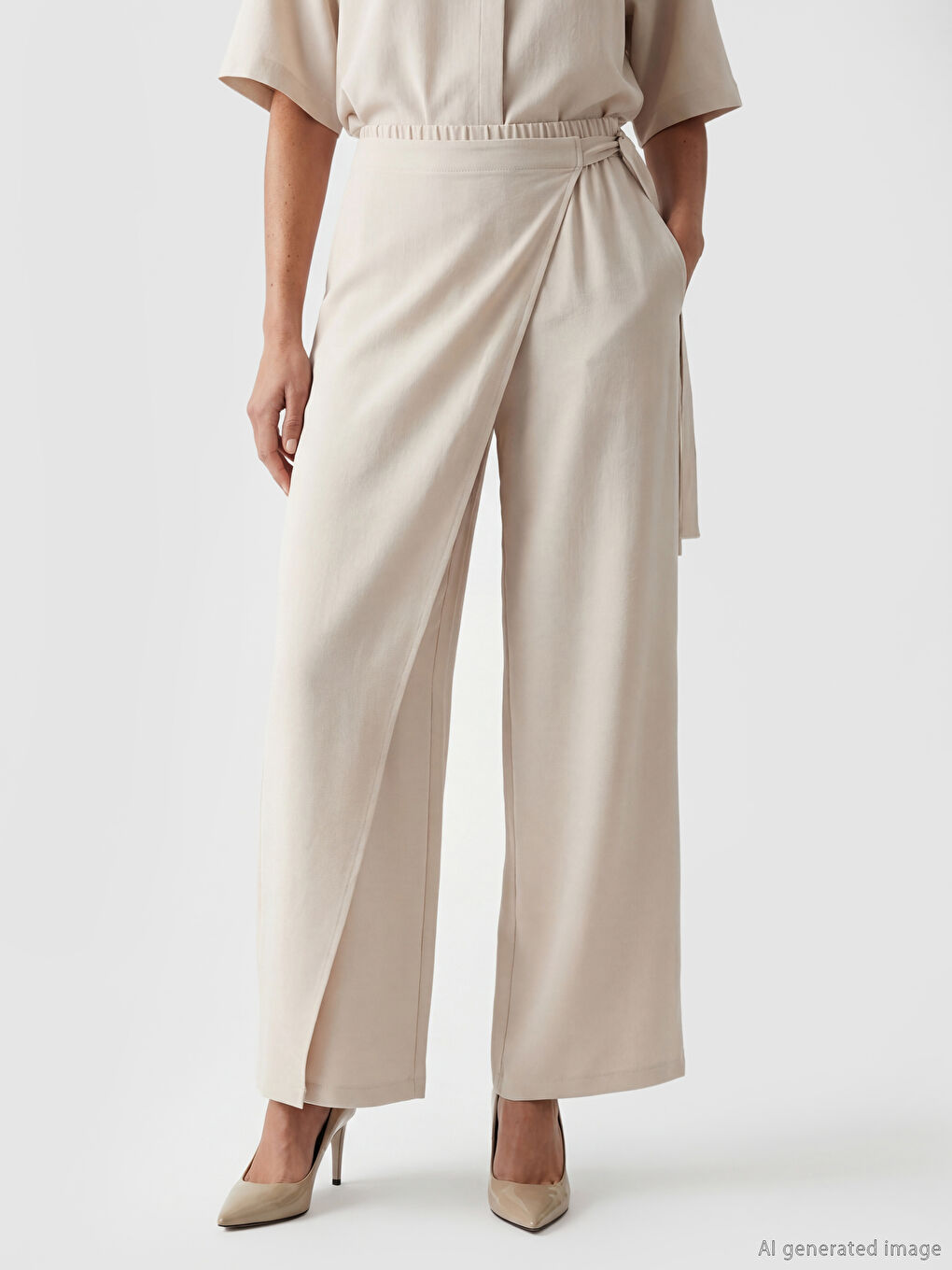 Ženske pantalone sa širokim nogavicama i vezivanjem u struku-2
