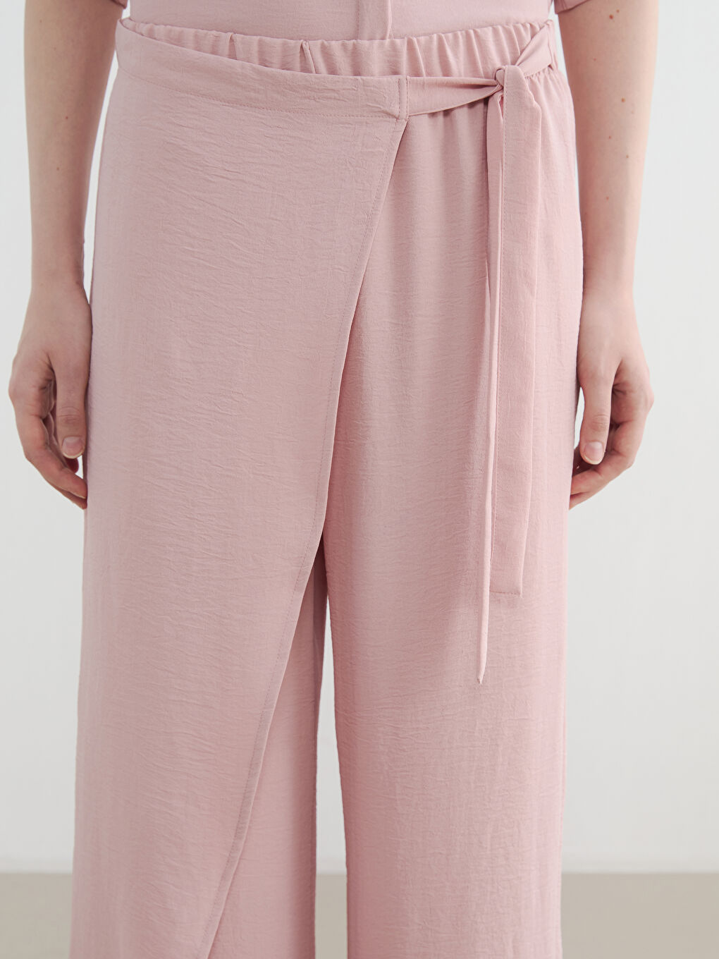 Pembe Beli Bağlamalı Geniş Paça Kadın Pantolon-2