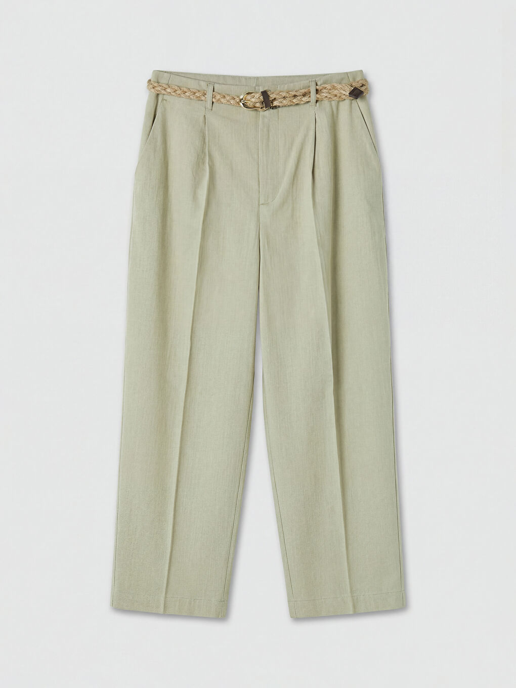 Haki Beli Kemerli Havuç Kesim Pileli Kadın Pantolon