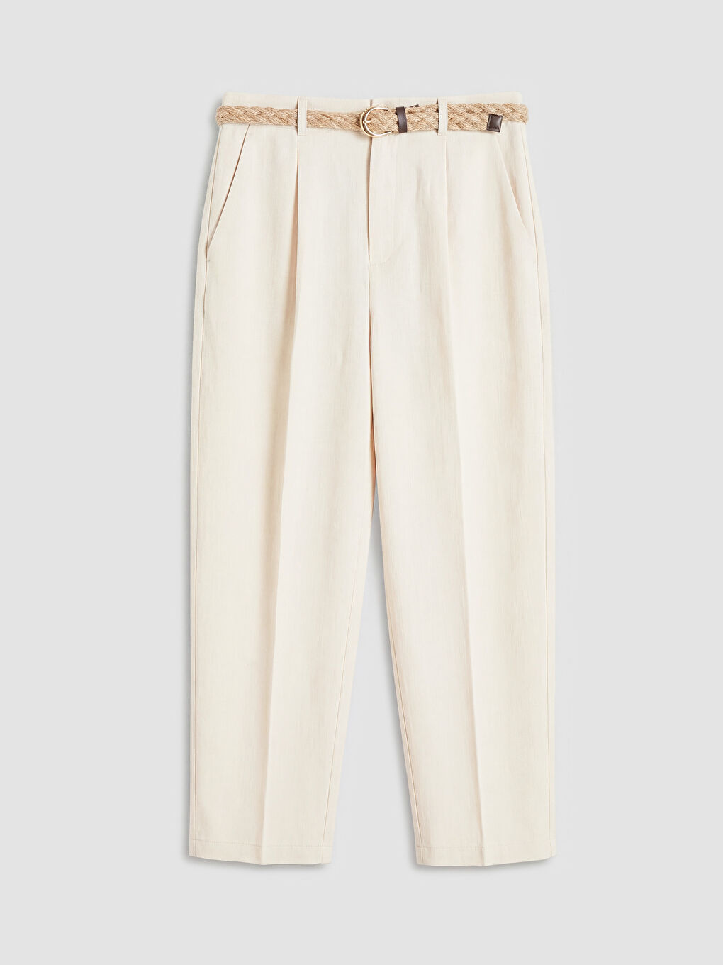 Bej Beli Kemerli Havuç Kesim Pileli Kadın Pantolon