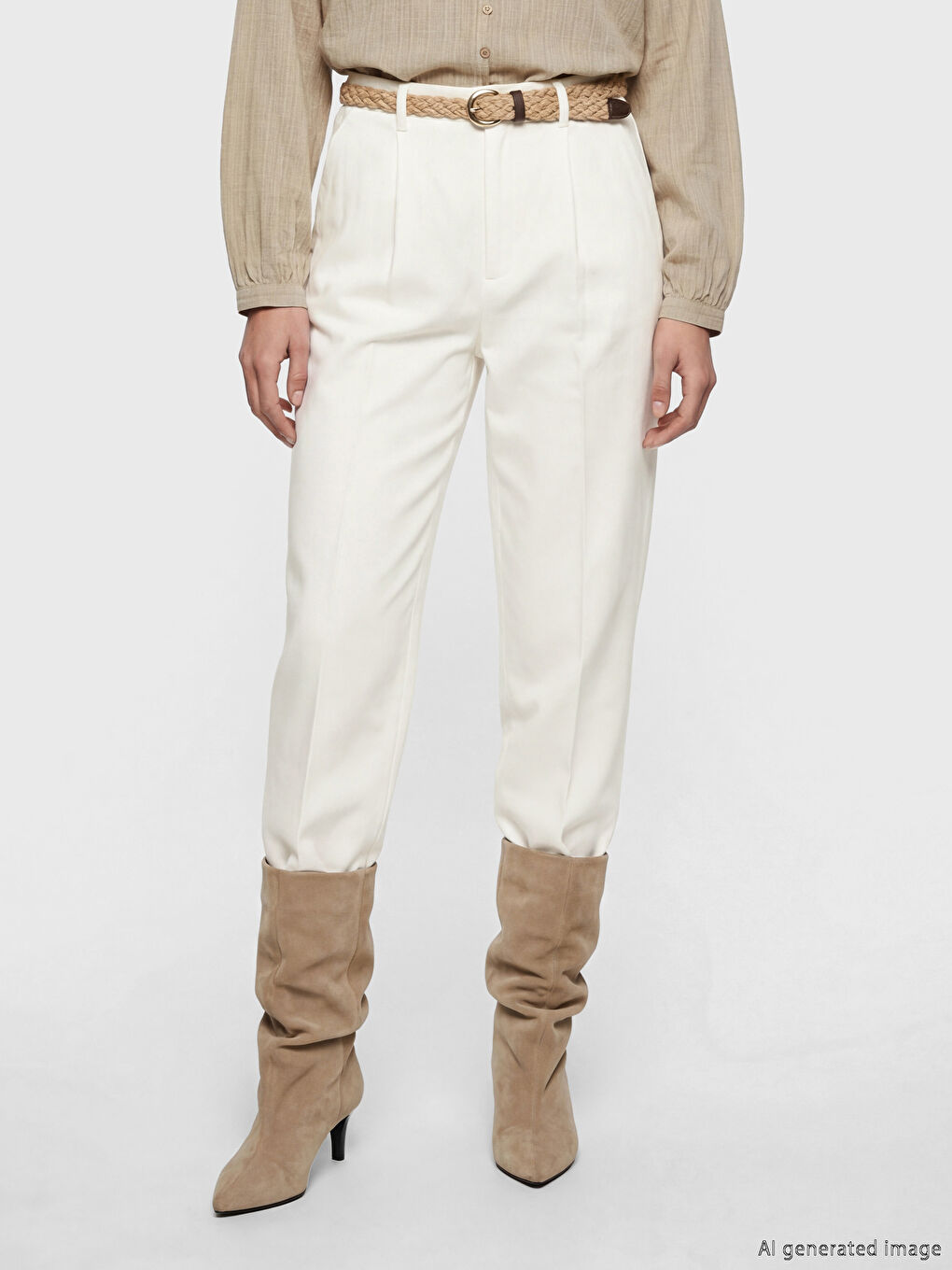 Beyaz Beli Kemerli Havuç Kesim Pileli Kadın Pantolon-1