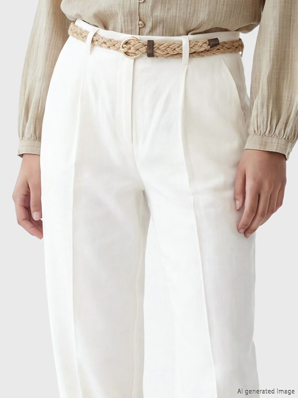 Beyaz Beli Kemerli Havuç Kesim Pileli Kadın Pantolon-2