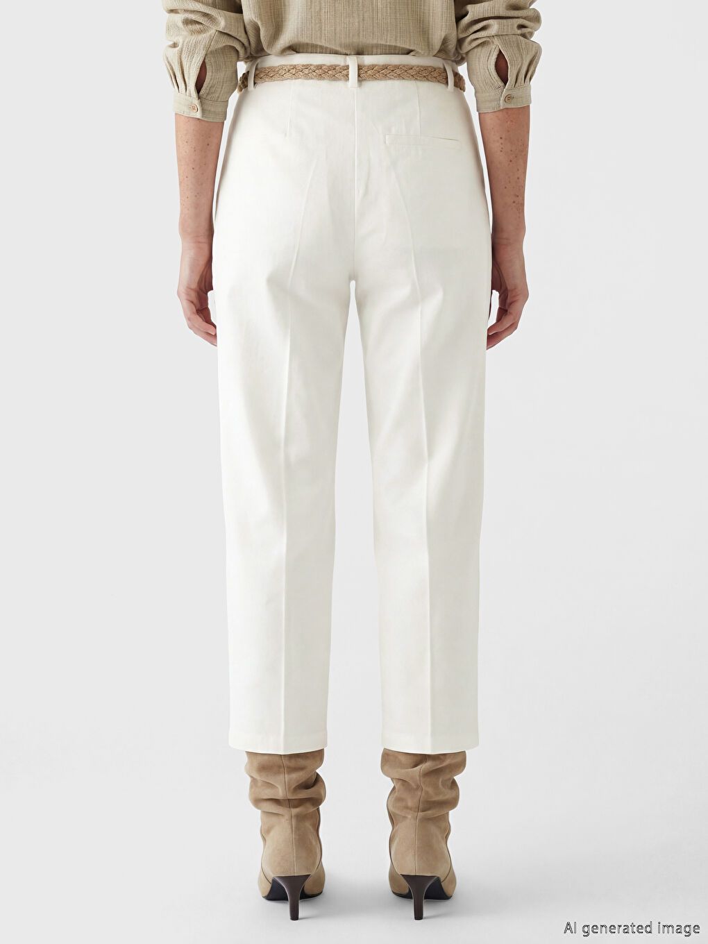 Beyaz Beli Kemerli Havuç Kesim Pileli Kadın Pantolon-3