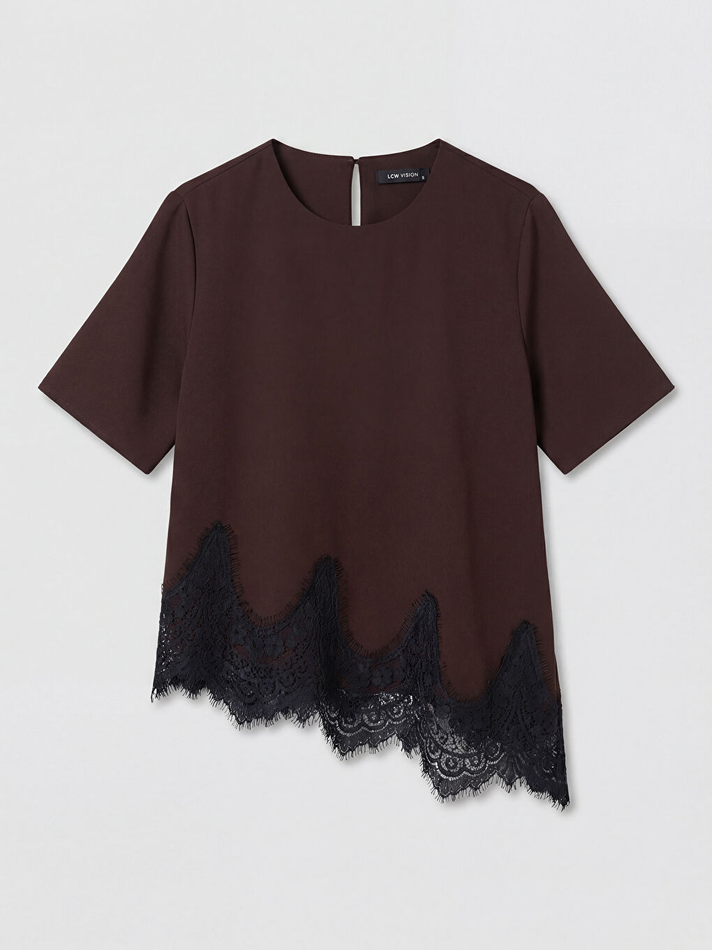 Kahverengi Bisiklet Yaka Asimetrik Kesim Dantel Detaylı Bluz-4