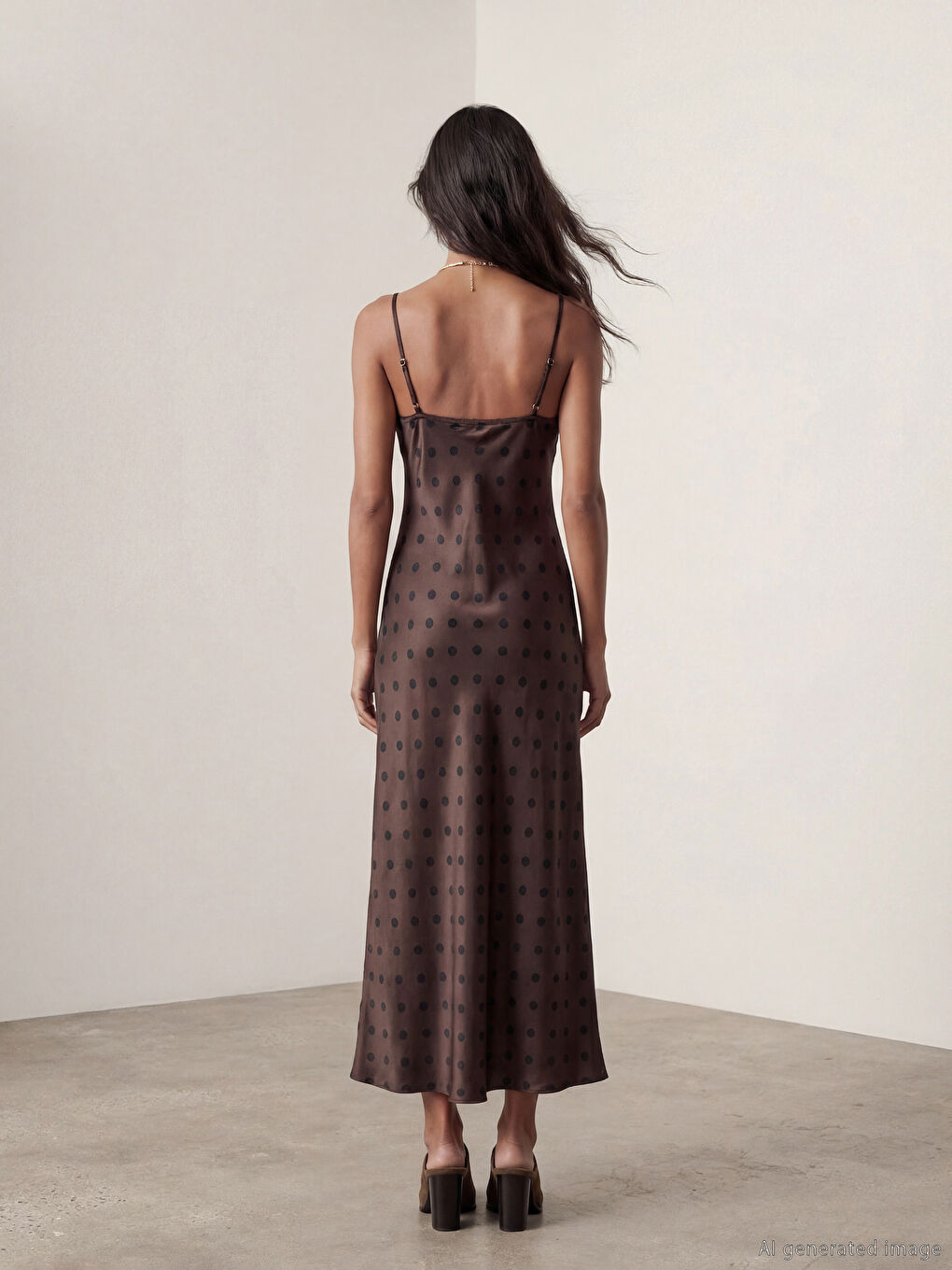 Kahverengi V Yaka Puantiyeli İp Askılı Saten Elbise-3