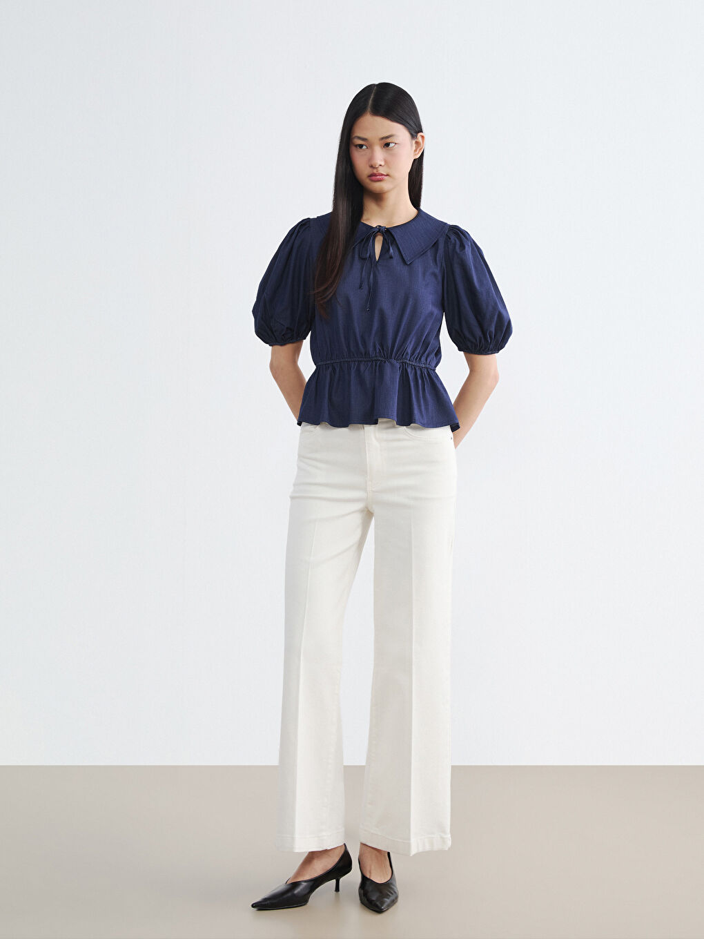 Lacivert Bebe Yaka Peplum Bluz-1