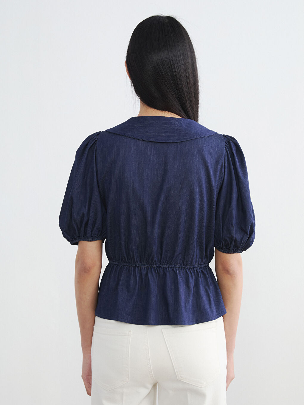 Lacivert Bebe Yaka Peplum Bluz-3