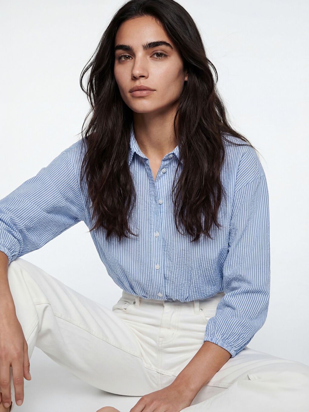 Mavi Çizgili Büzgülü Kadın Gömlek