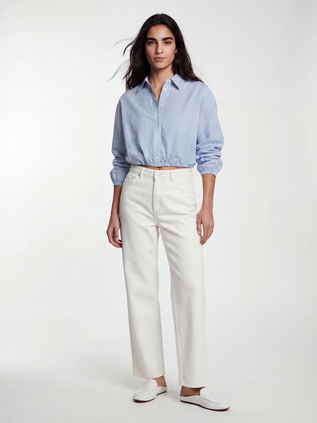 Mavi Çizgili Büzgülü Kadın Gömlek-1