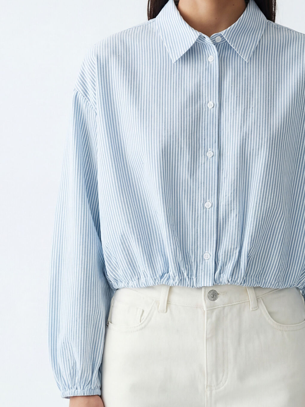 Mavi Çizgili Büzgülü Kadın Gömlek-2