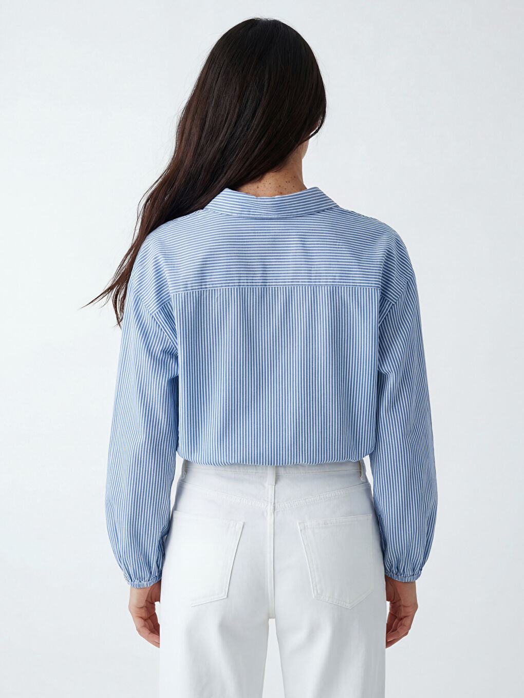 Mavi Çizgili Büzgülü Kadın Gömlek-3