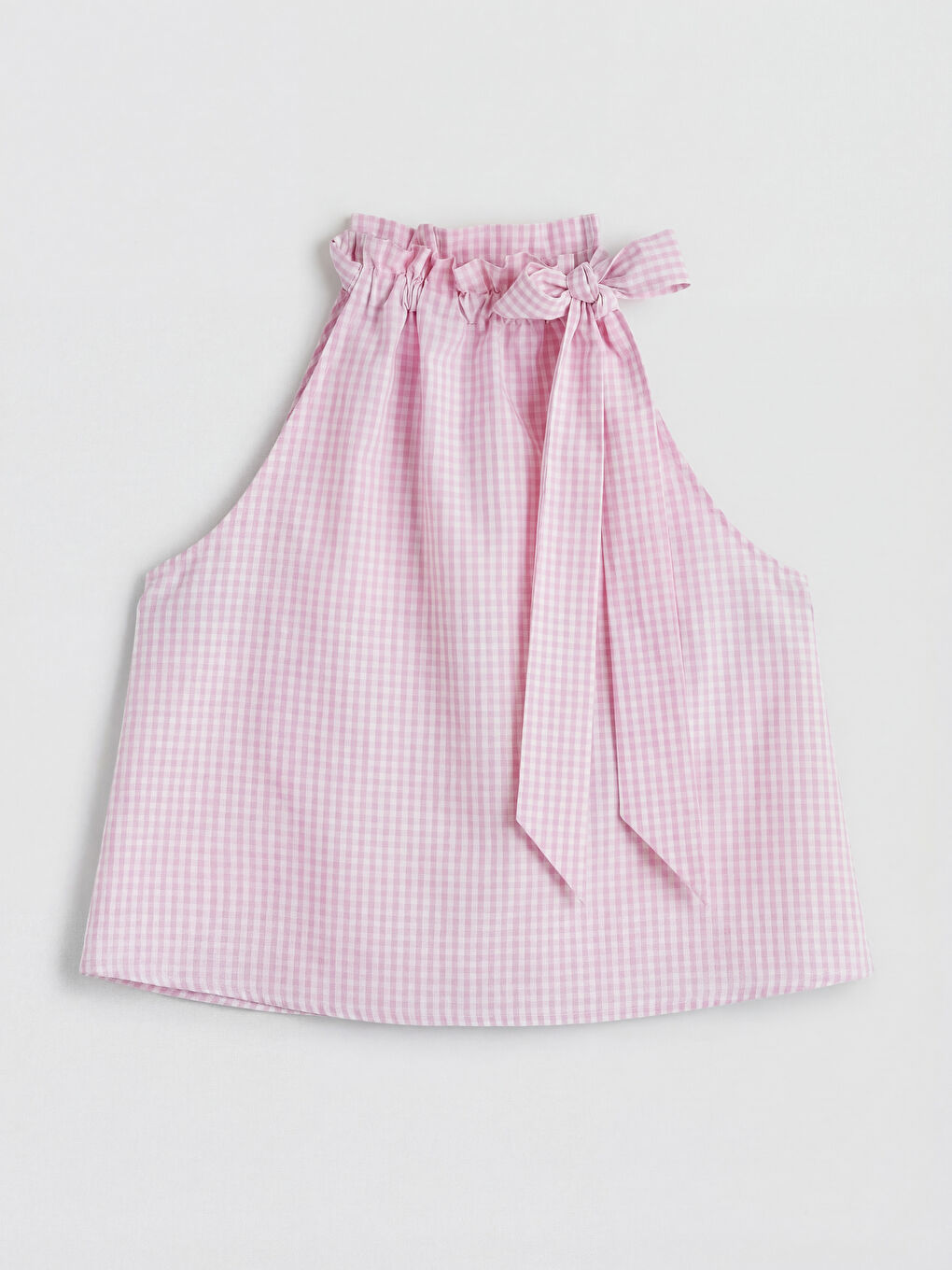 Pembe Halter Yaka Ekose Fiyonk Detaylı Bluz