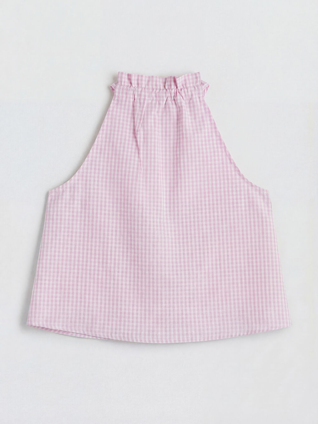 Pembe Halter Yaka Ekose Fiyonk Detaylı Bluz-1