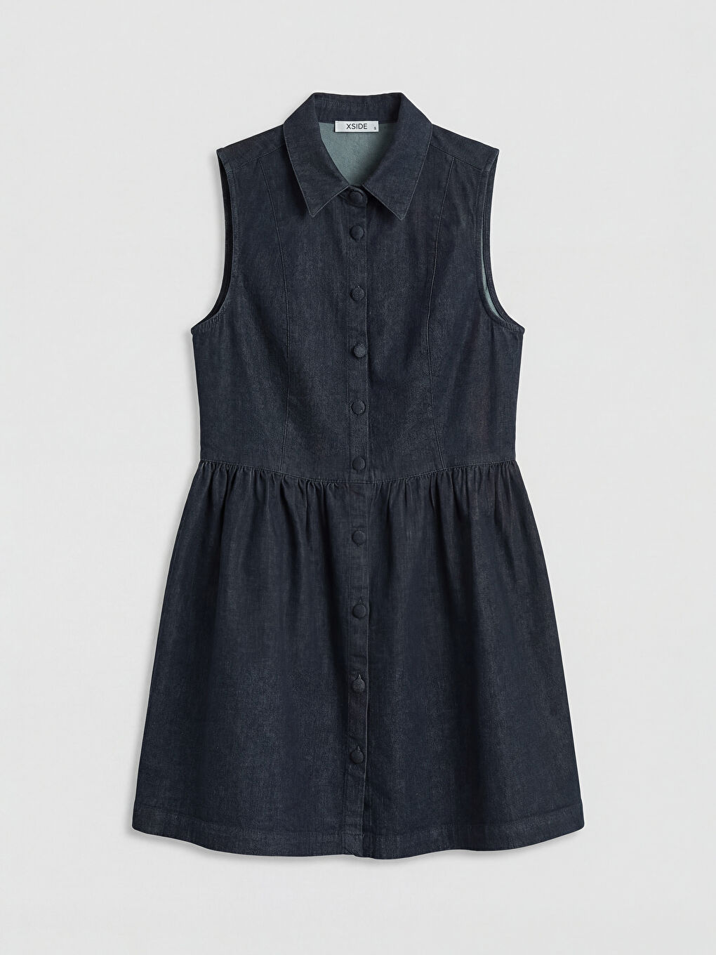 Lacivert Gömlek Yaka Büzgülü Mini Jean Elbise