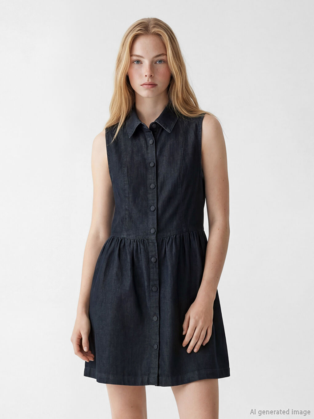 Lacivert Gömlek Yaka Büzgülü Mini Jean Elbise-1