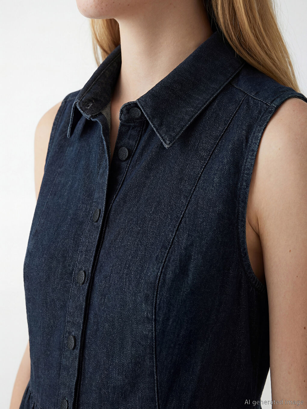 Lacivert Gömlek Yaka Büzgülü Mini Jean Elbise-2