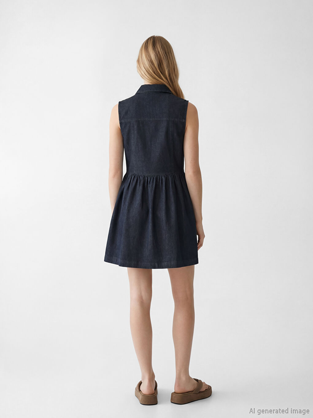 Lacivert Gömlek Yaka Büzgülü Mini Jean Elbise-3