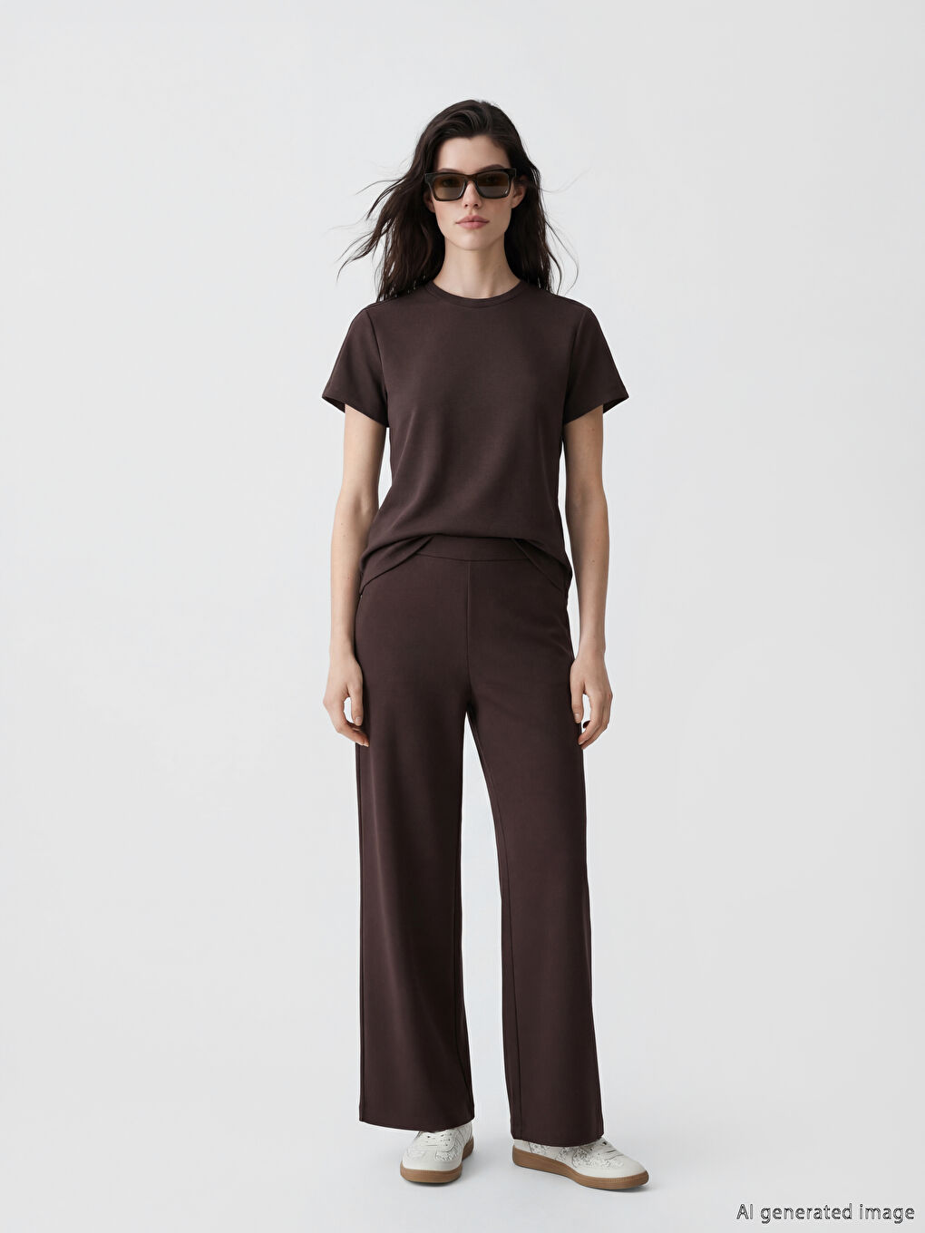 Kahverengi Bisiklet Yaka Kadın Tişört-1