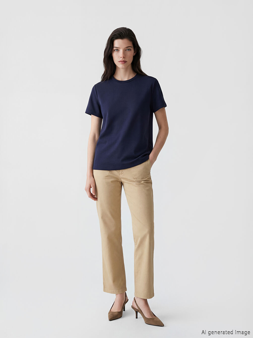 Lacivert Bisiklet Yaka Kadın Tişört-1