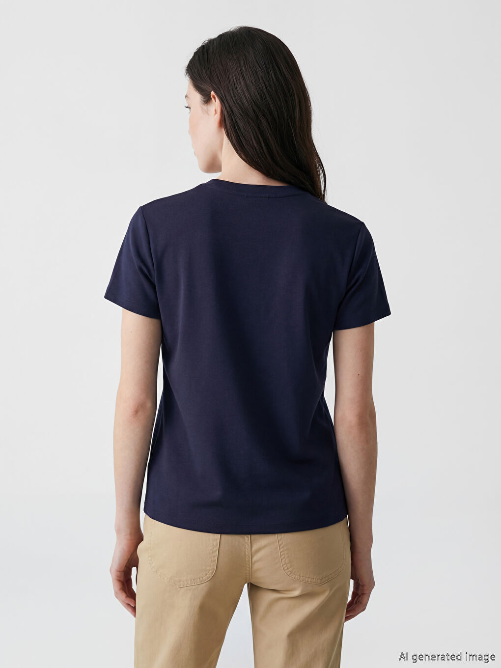 Lacivert Bisiklet Yaka Kadın Tişört-2