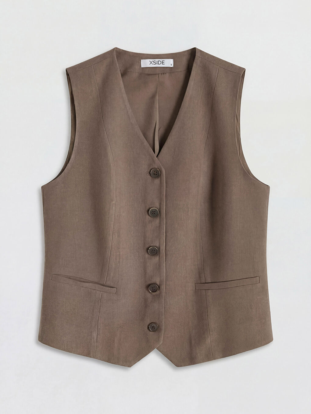 Kahverengi V Yaka Keten  Karışımlı Kadın Klasik Yelek