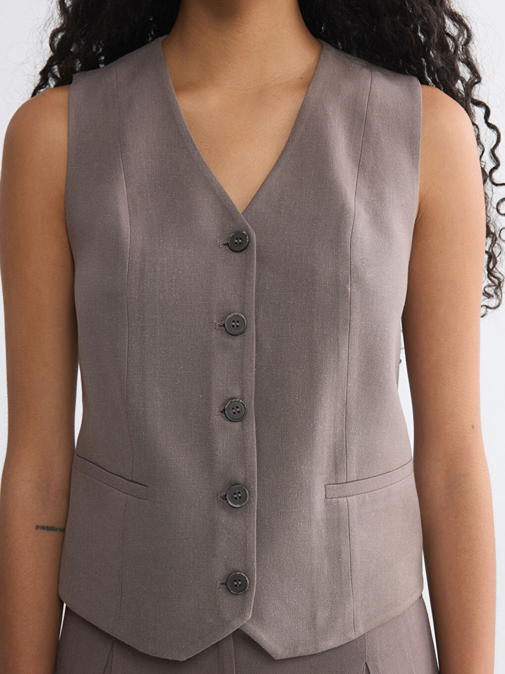 V Neck Linen Blend Women's Classic Waistcoat-4