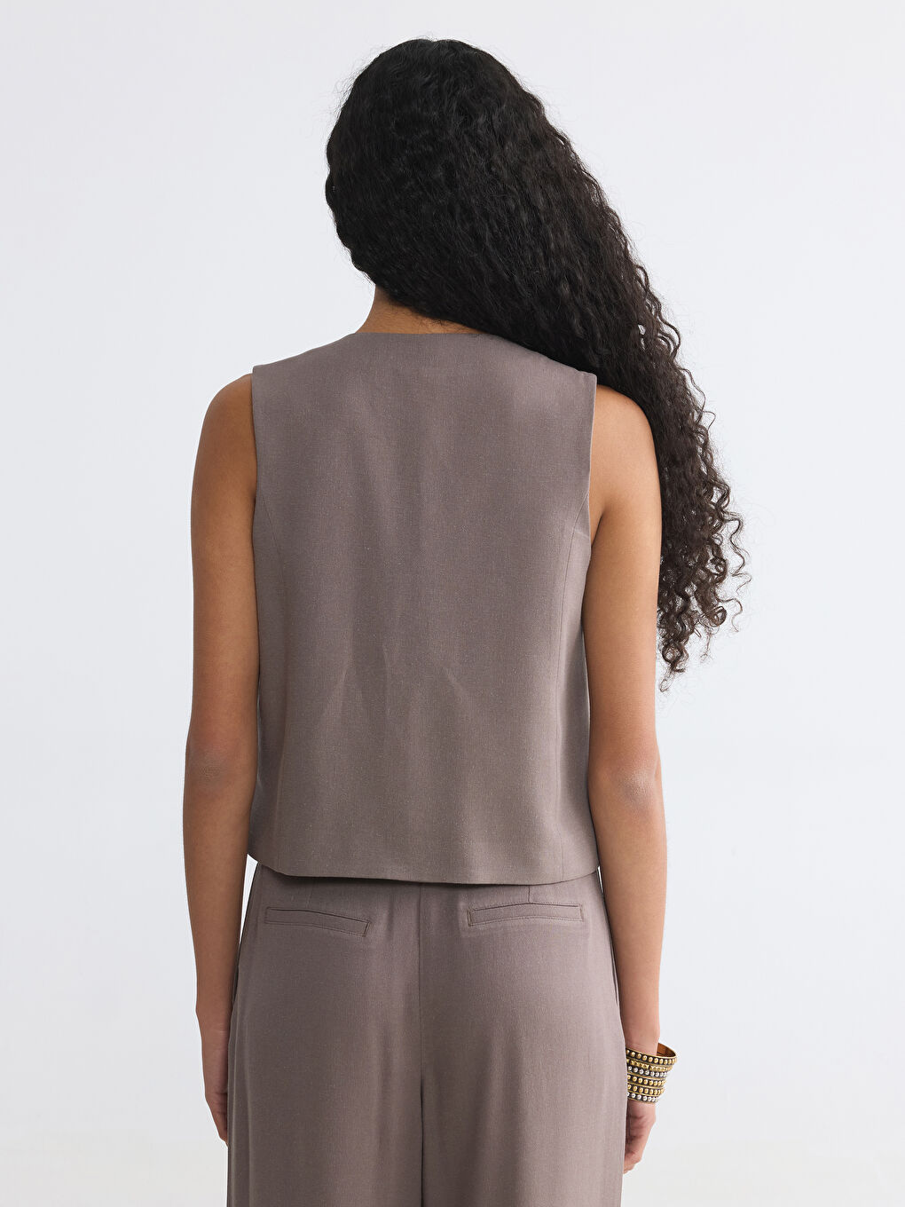 V Neck Linen Blend Women's Classic Waistcoat-5