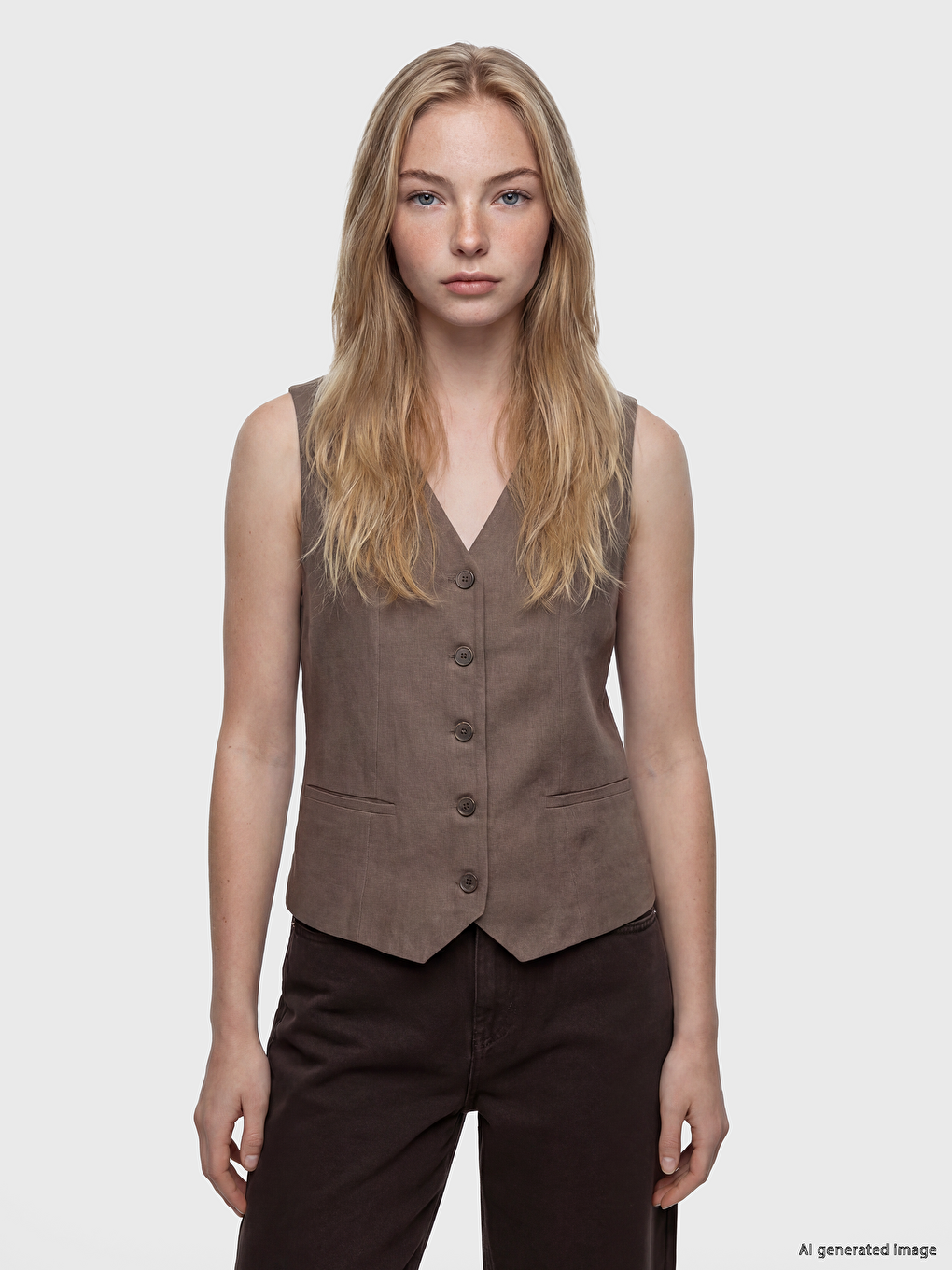 V Neck Linen Blend Women's Classic Waistcoat-1