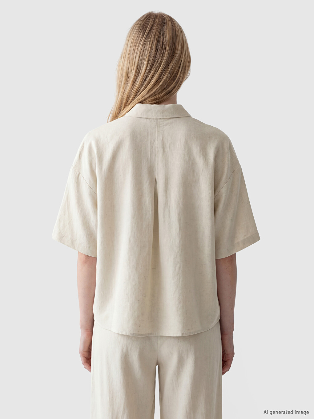Bej Oversize Keten Karışımlı Kadın Gömlek-3