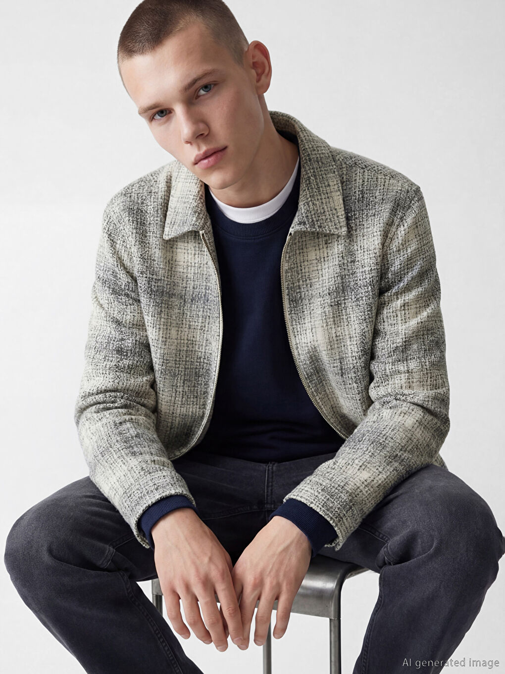 Gri Loose Fit Ekose Desenli Erkek Gömlek Ceket