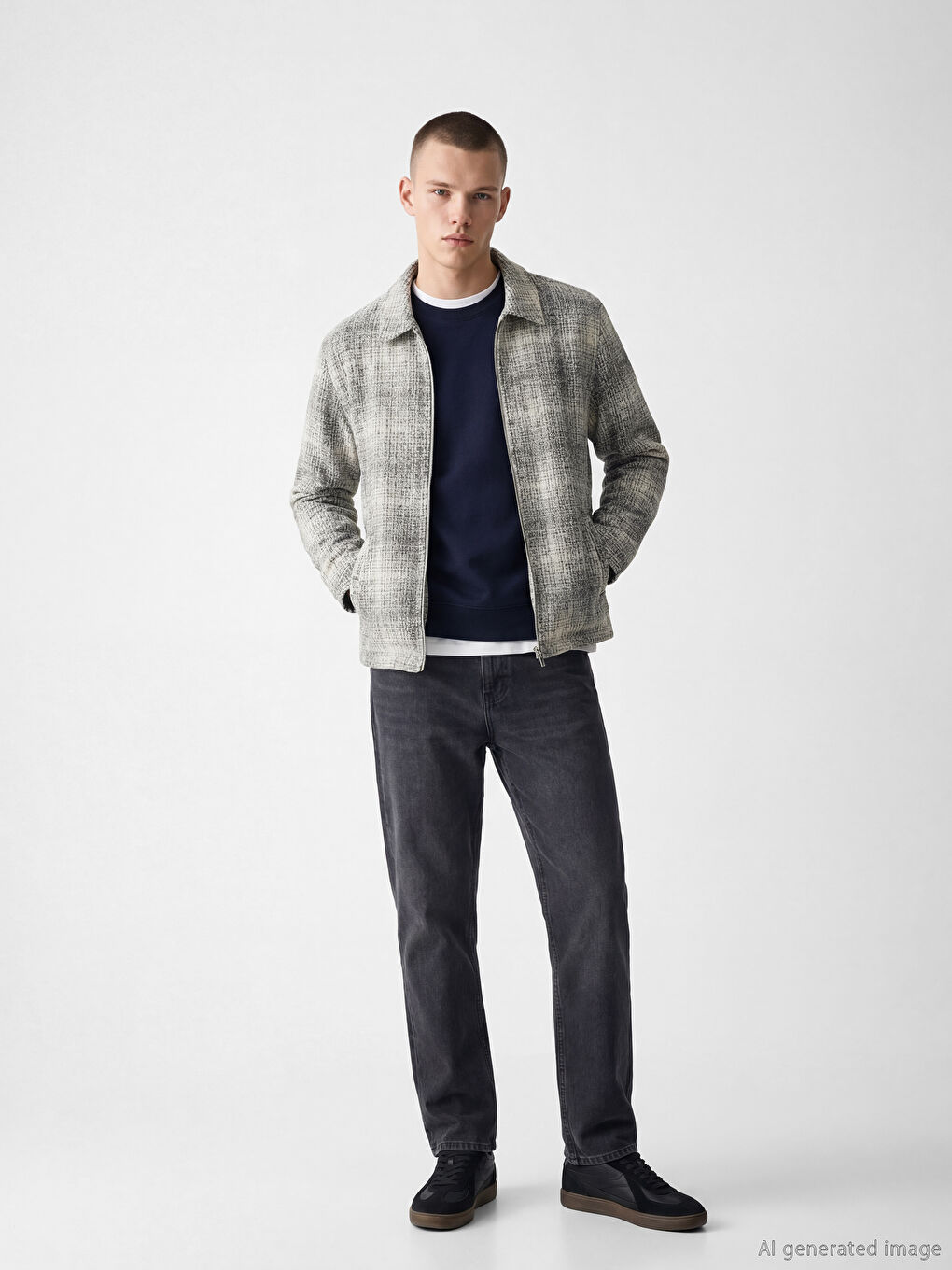 Gri Loose Fit Ekose Desenli Erkek Gömlek Ceket-1