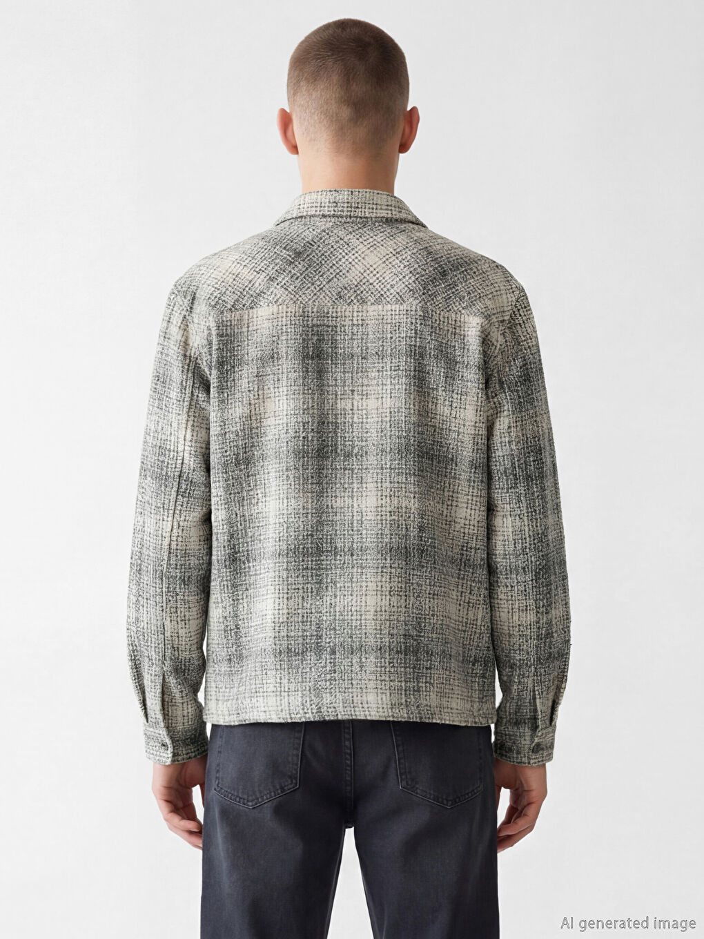 Gri Loose Fit Ekose Desenli Erkek Gömlek Ceket-2