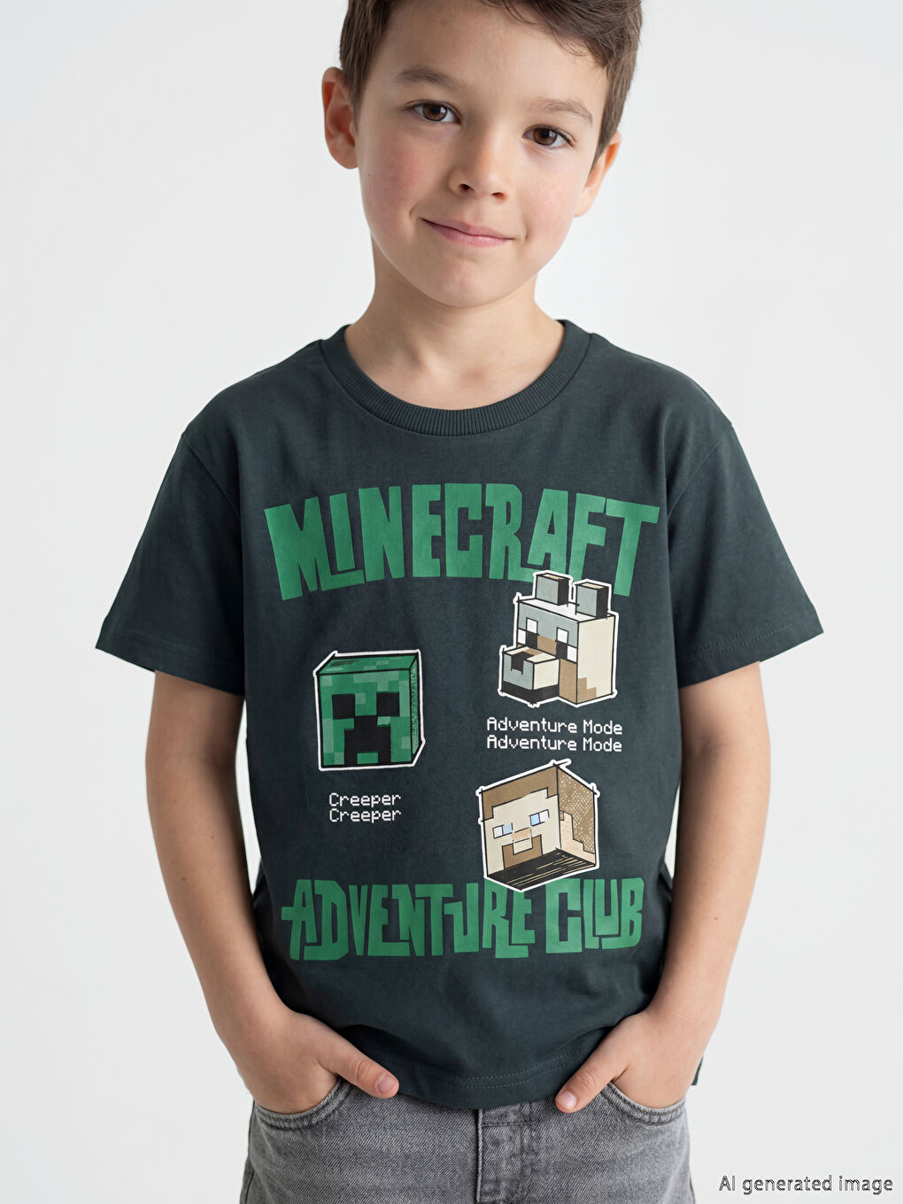 Antrasit Bisiklet Yaka Minecraft Baskılı Erkek Çocuk Tişört