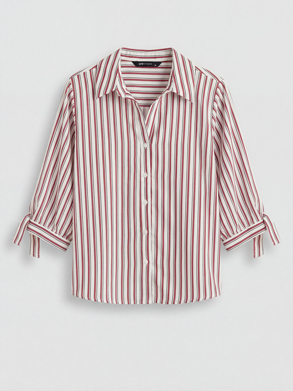 Kırmızı Kolu Bağlamalı Çizgili Kadın Gömlek