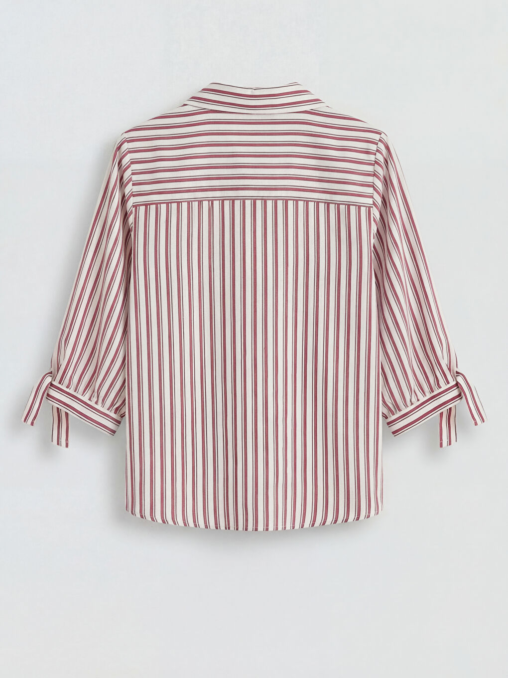 Kırmızı Kolu Bağlamalı Çizgili Kadın Gömlek-1