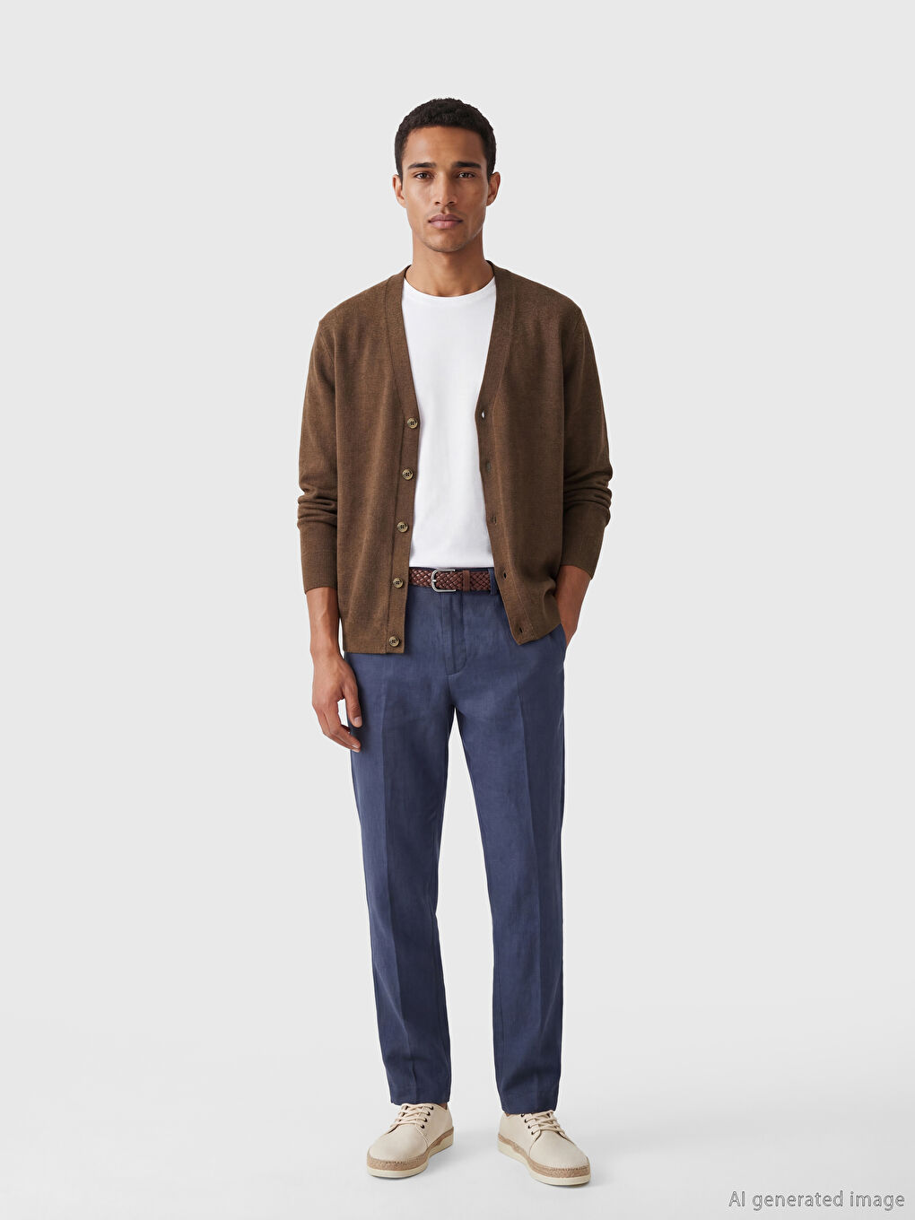 Kahverengi Standart Kalıp V Yaka Erkek Triko Hırka-1