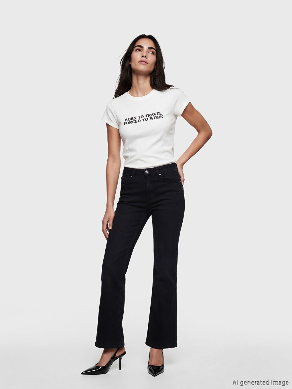 Ekru Bisiklet Yaka Baskılı Kadın Tişört-1