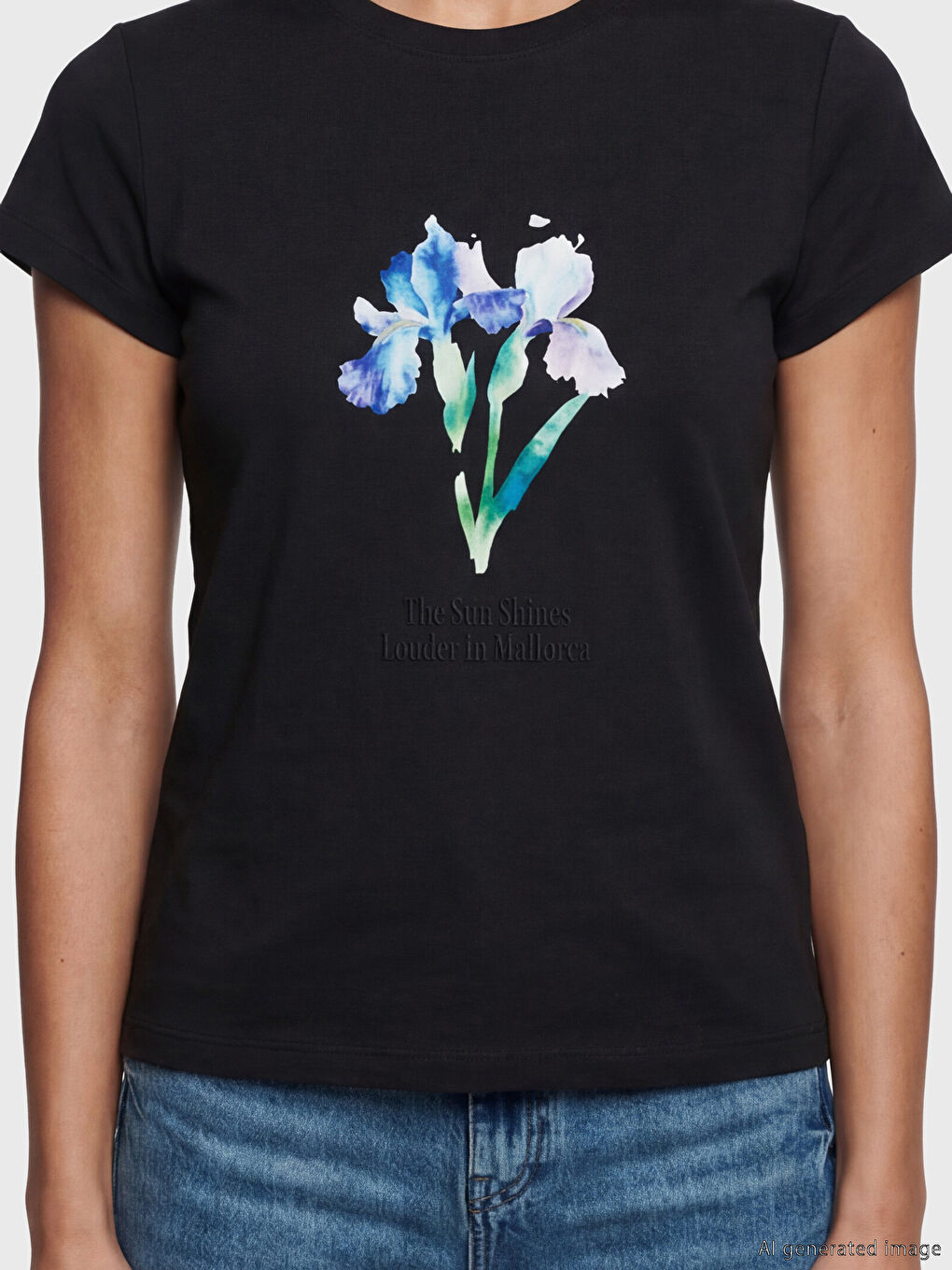 Antrasit Bisiklet Yaka Çiçek Baskılı Kadın Tişört-1