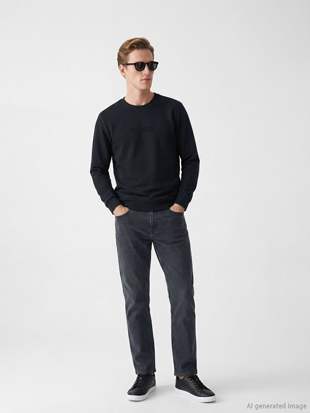 Antrasit Bisiklet Yaka Nakışlı Erkek Sweatshirt-1