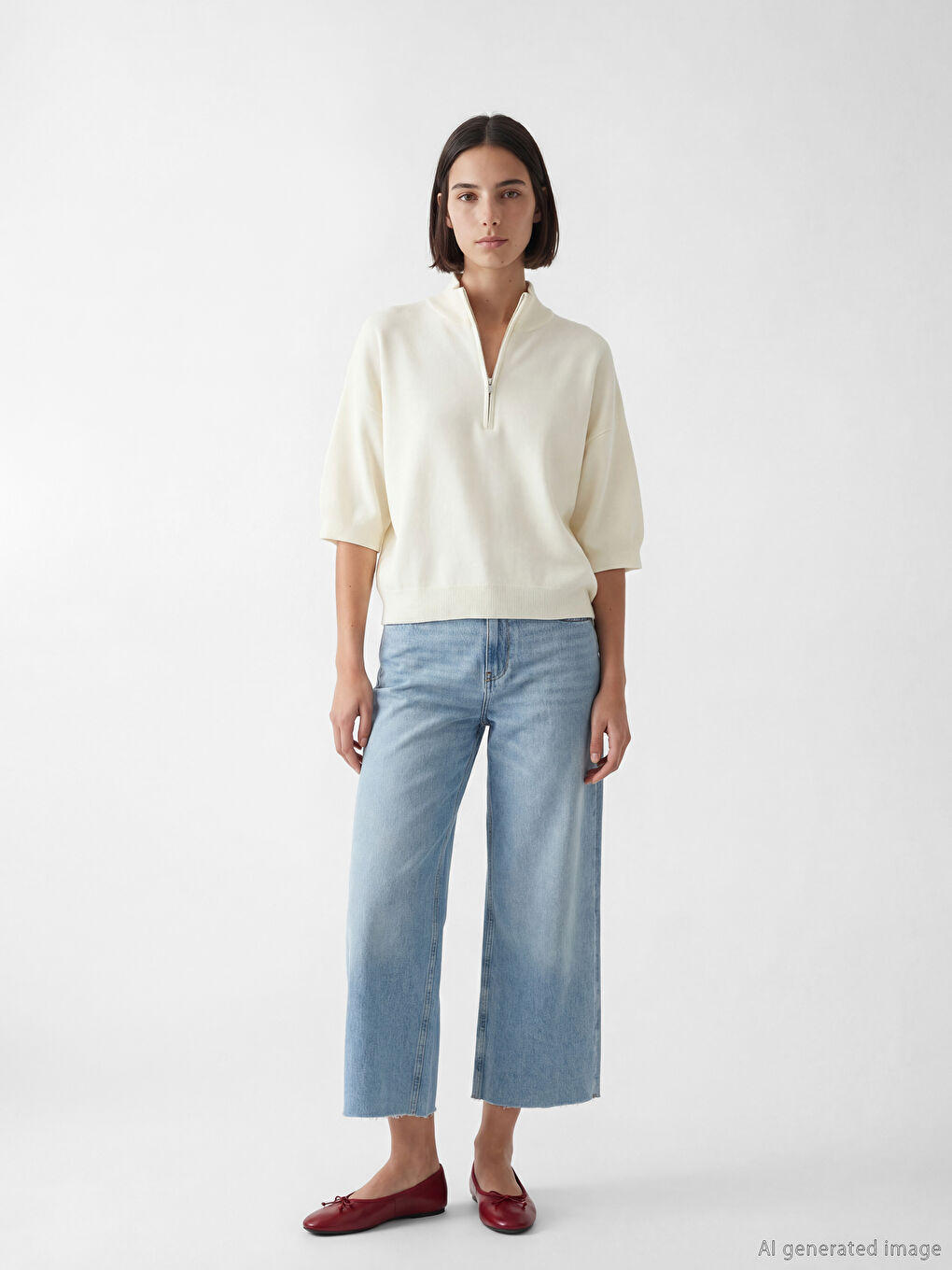 Bej Dik Yaka Oversize Kadın Triko Kazak-1