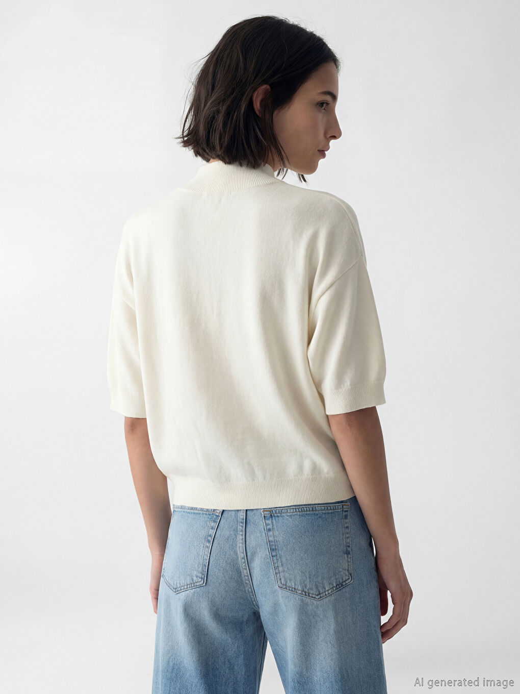 Bej Dik Yaka Oversize Kadın Triko Kazak-3